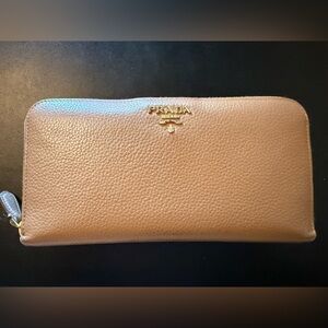 Prada Saffiano Pebbled Leather Zip Wallet - Beige orange lining